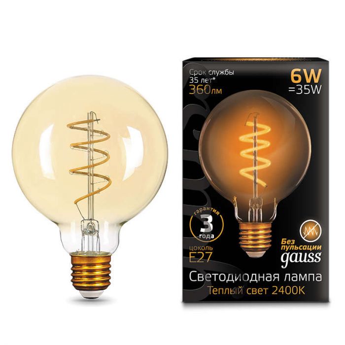 Лампа светодиодная филаментная Black Filament Flexible 6Вт G95 2400К E27 Golden Gauss 105802007
