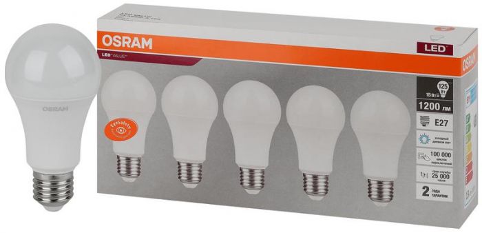 Лампа светодиодная LED Value LVCLA125 15SW/865 грушевидная матовая E27 230В 2х5 RU (уп.5шт) OSRAM 4058075577862