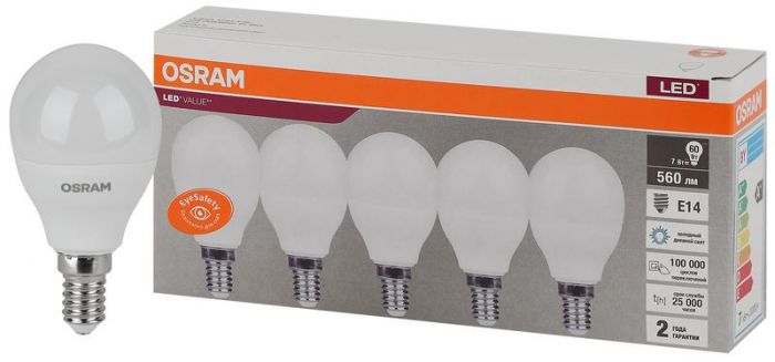 Лампа светодиодная LED Value LVCLP60 7SW/865 шар матовая E14 230В 2х5 RU (уп.5шт) OSRAM 4058075578166