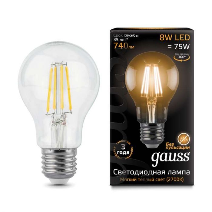 Лампа светодиодная филаментная Black Filament 8Вт A60 грушевидная 2700К тепл. бел. E27 740лм GAUSS 102802108