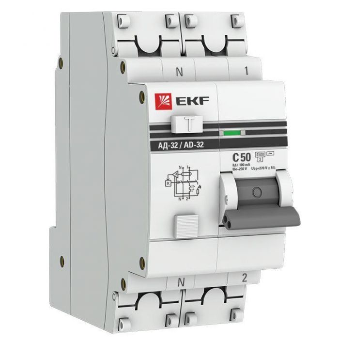 Выключатель автоматический дифференциального тока 2п C 50А 100мА тип AC 4.5кА АД-32 защита 270В электрон. PROxima EKF DA32-50-100-pro